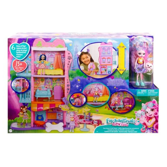 Mattel Enchantimals Stadthaus & Café Spielset mit Puppe & Tierfreund, Zubehör