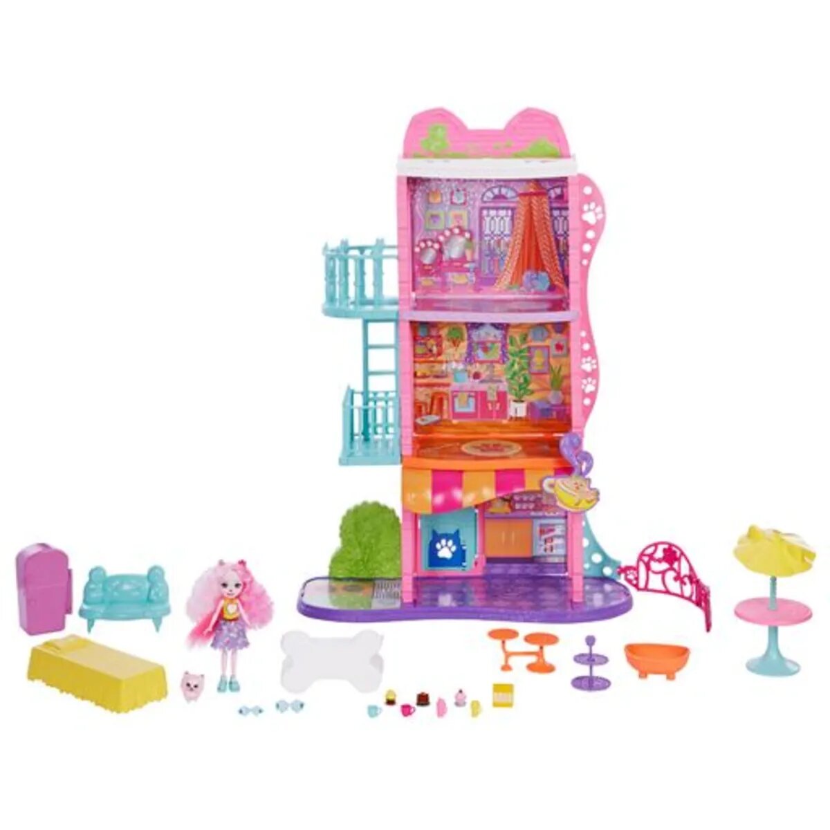 Mattel Enchantimals Stadthaus & Café Spielset mit Puppe & Tierfreund, Zubehör