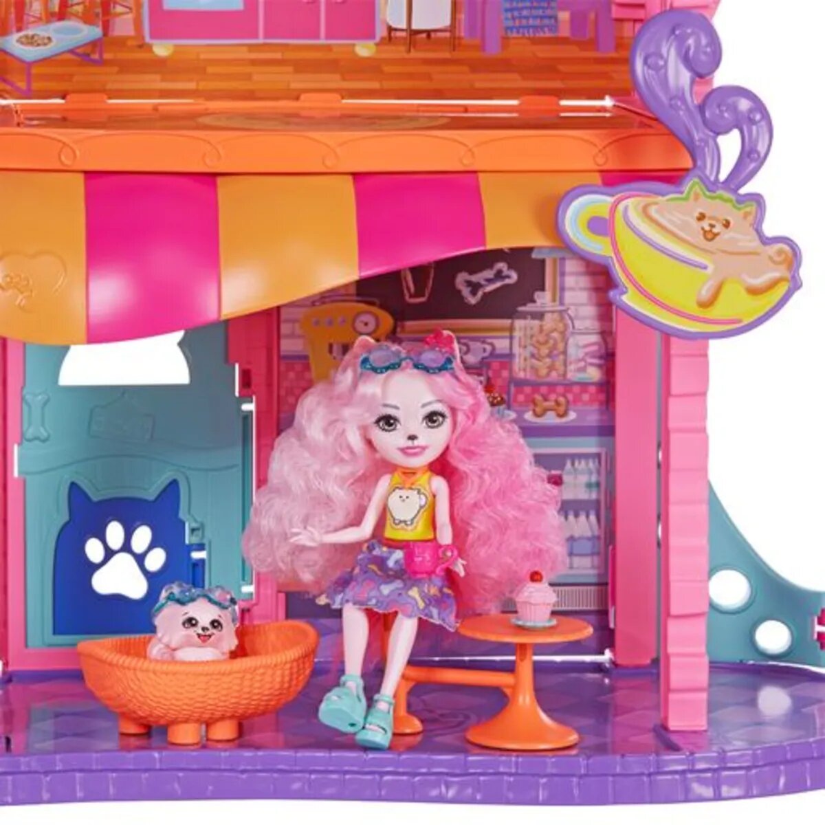 Mattel Enchantimals Stadthaus & Café Spielset mit Puppe & Tierfreund, Zubehör