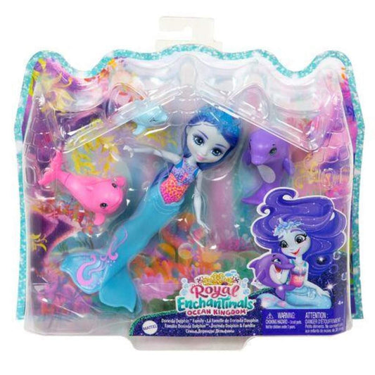 Mattel Royal Enchantimals Dorinda Dolphin-Puppe (ca. 15 cm) mit abnehmbarer Flosse und 3 Tierfiguren