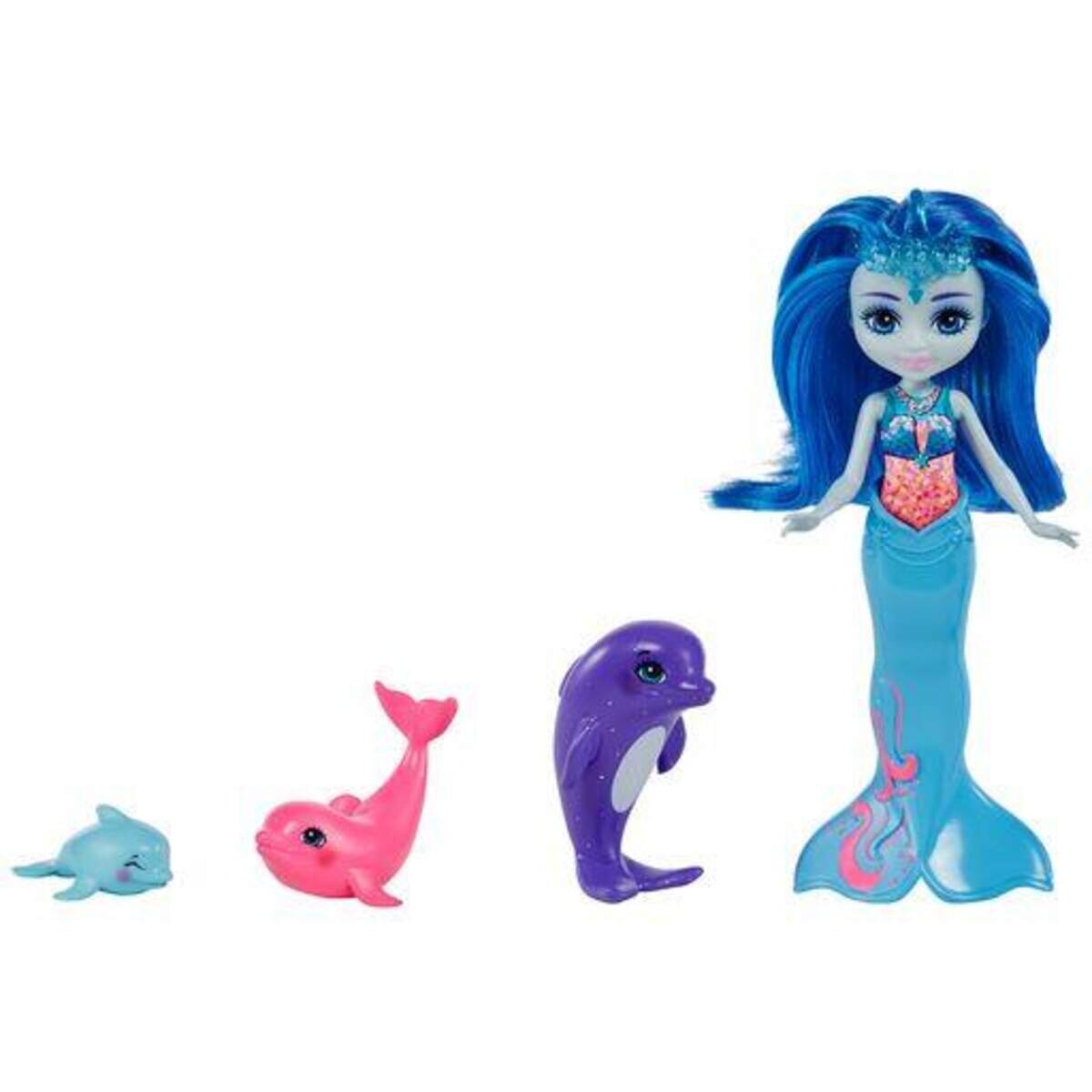 Mattel Royal Enchantimals Dorinda Dolphin-Puppe (ca. 15 cm) mit abnehmbarer Flosse und 3 Tierfiguren