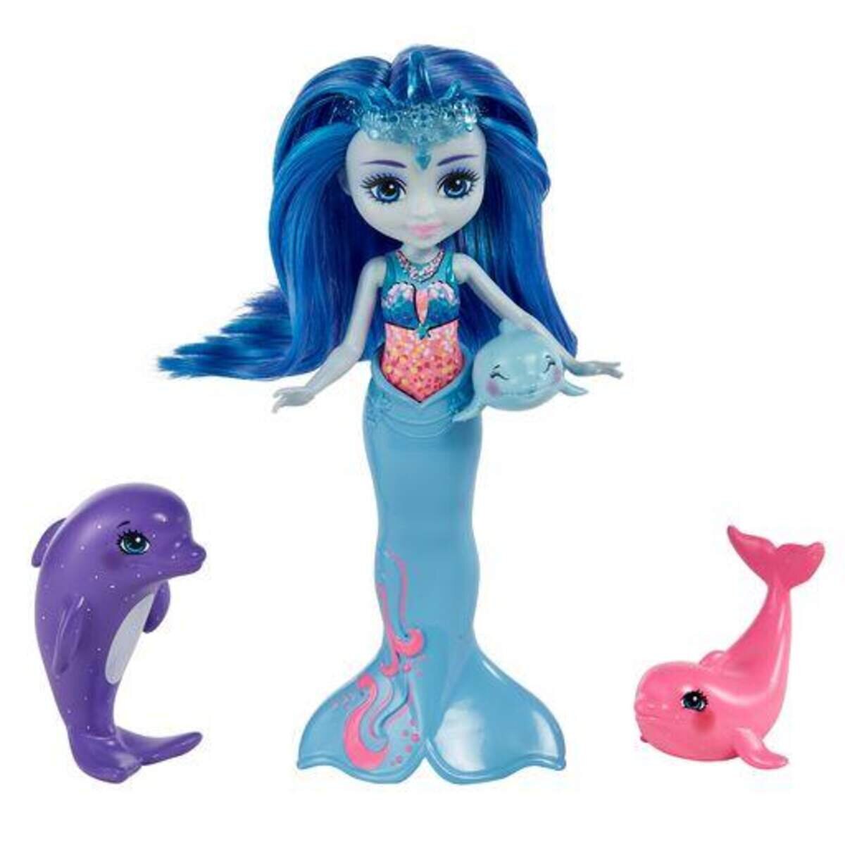 Mattel Royal Enchantimals Dorinda Dolphin-Puppe (ca. 15 cm) mit abnehmbarer Flosse und 3 Tierfiguren