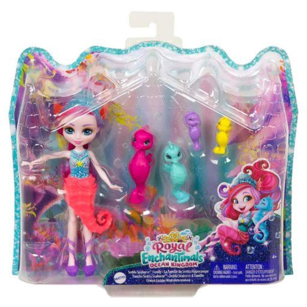 Mattel Royal Enchantimals Sedda Seahorse-Puppe (ca. 15 cm) mit 4 Tierfiguren