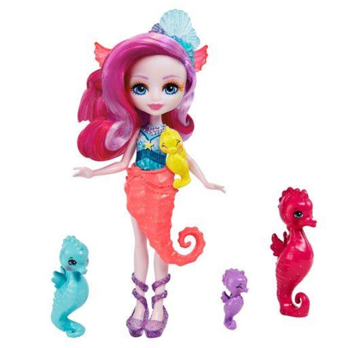 Mattel Royal Enchantimals Sedda Seahorse-Puppe (ca. 15 cm) mit 4 Tierfiguren