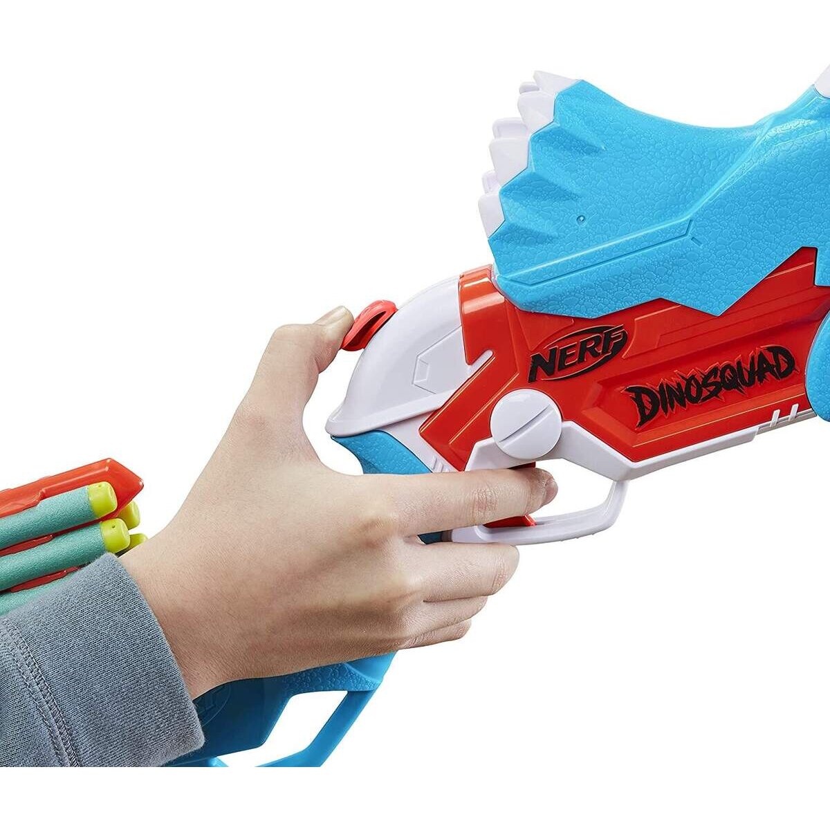 Nerf DinoSquad Tricera-Blast Dart-Blaster, aufklappbarer 3-Dart Lauf, 12 Nerf Darts