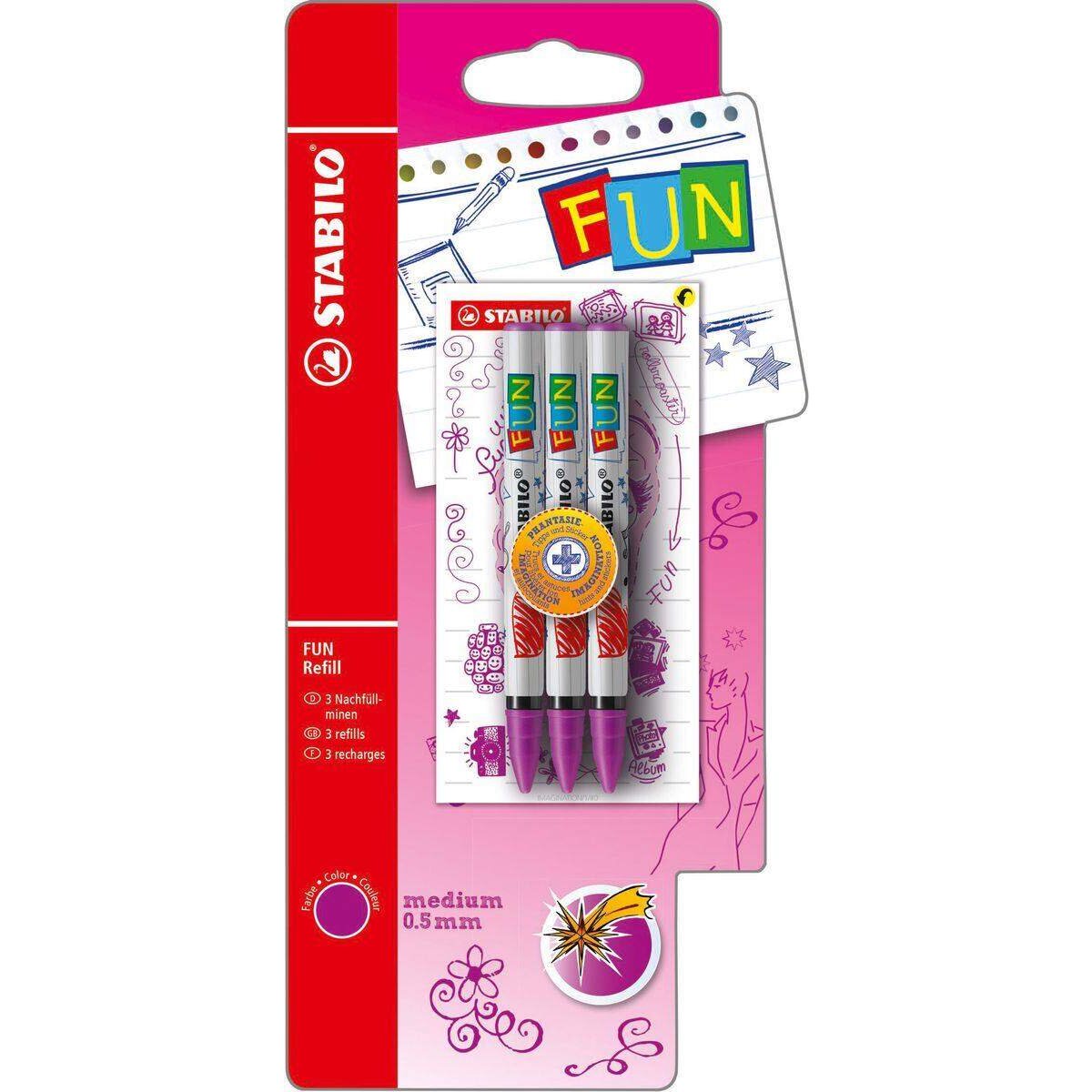 Patrone zum Nachfüllen - STABILO FUN Refill - medium - inklusive 2 Aufkleberkarten zum Sammeln - 3er Pack - lila