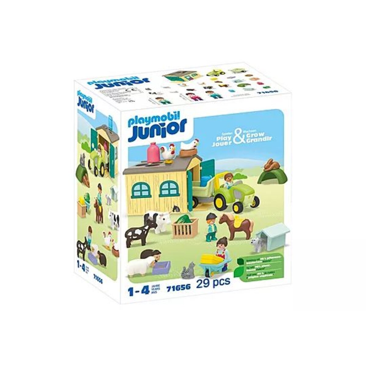 PLAYMOBIL® 71656 JUNIOR: Bauernhof-Abenteuer mit Traktor, Anhänger und tierischen Freunden