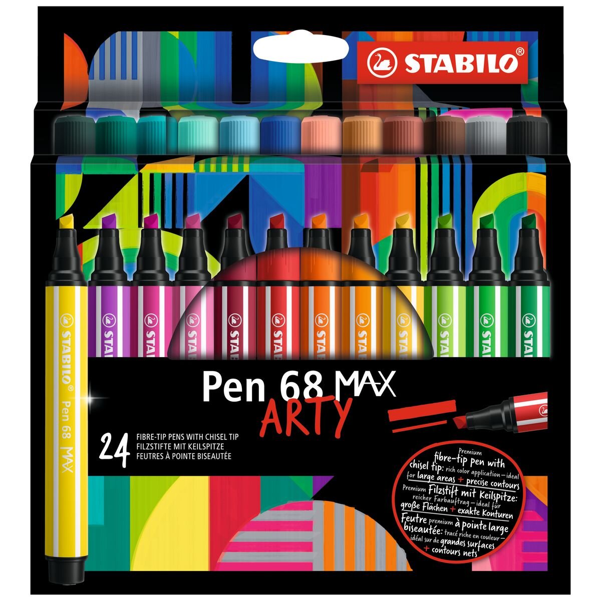 Premium-Filzstift mit dicker Keilspitze - STABILO Pen 68 MAX - ARTY - 24er Pack - mit 24 verschiedenen Farben