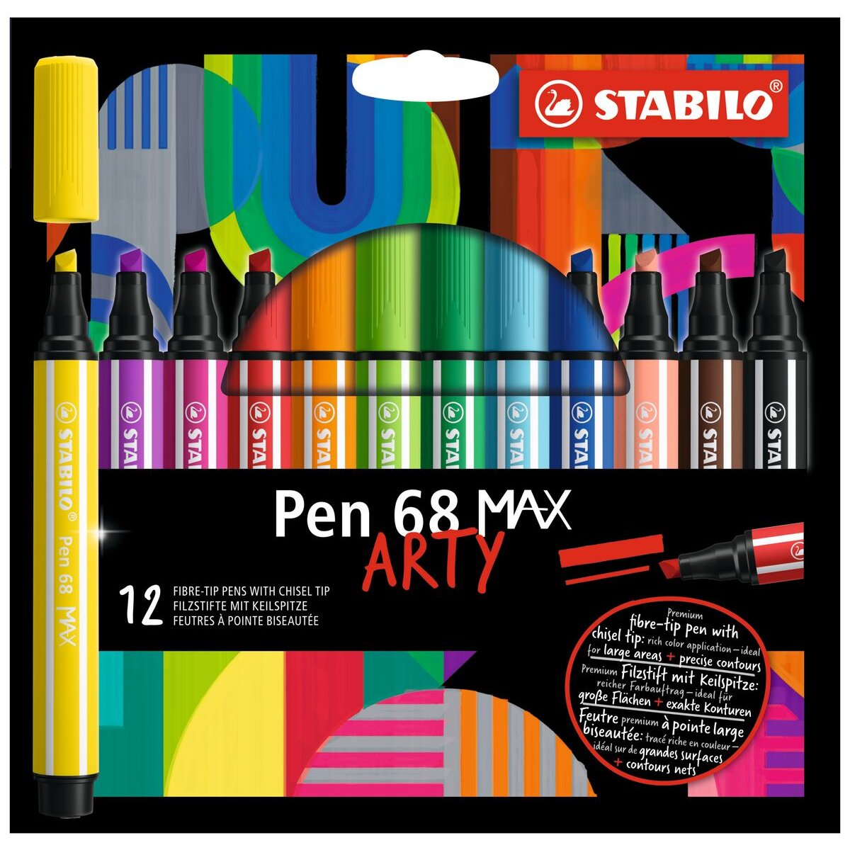 Premium-Filzstift mit dicker Keilspitze - STABILO Pen 68 MAX - ARTY - 12er Pack - mit 12 verschiedenen Farben