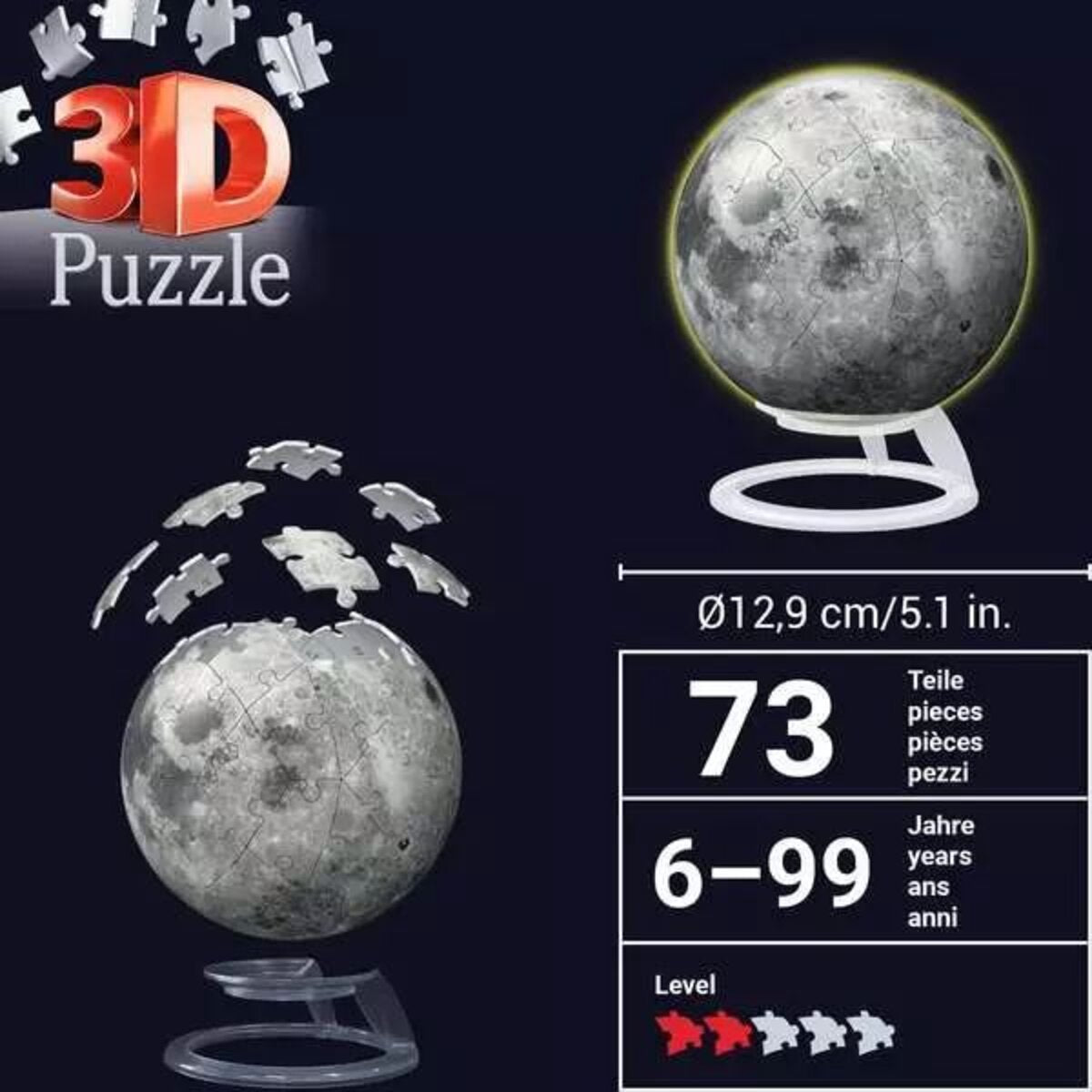 Ravensburger 3D Puzzle - Puzzle-Ball Der Mond - Glow-in-the-Dark, 73 Teile
