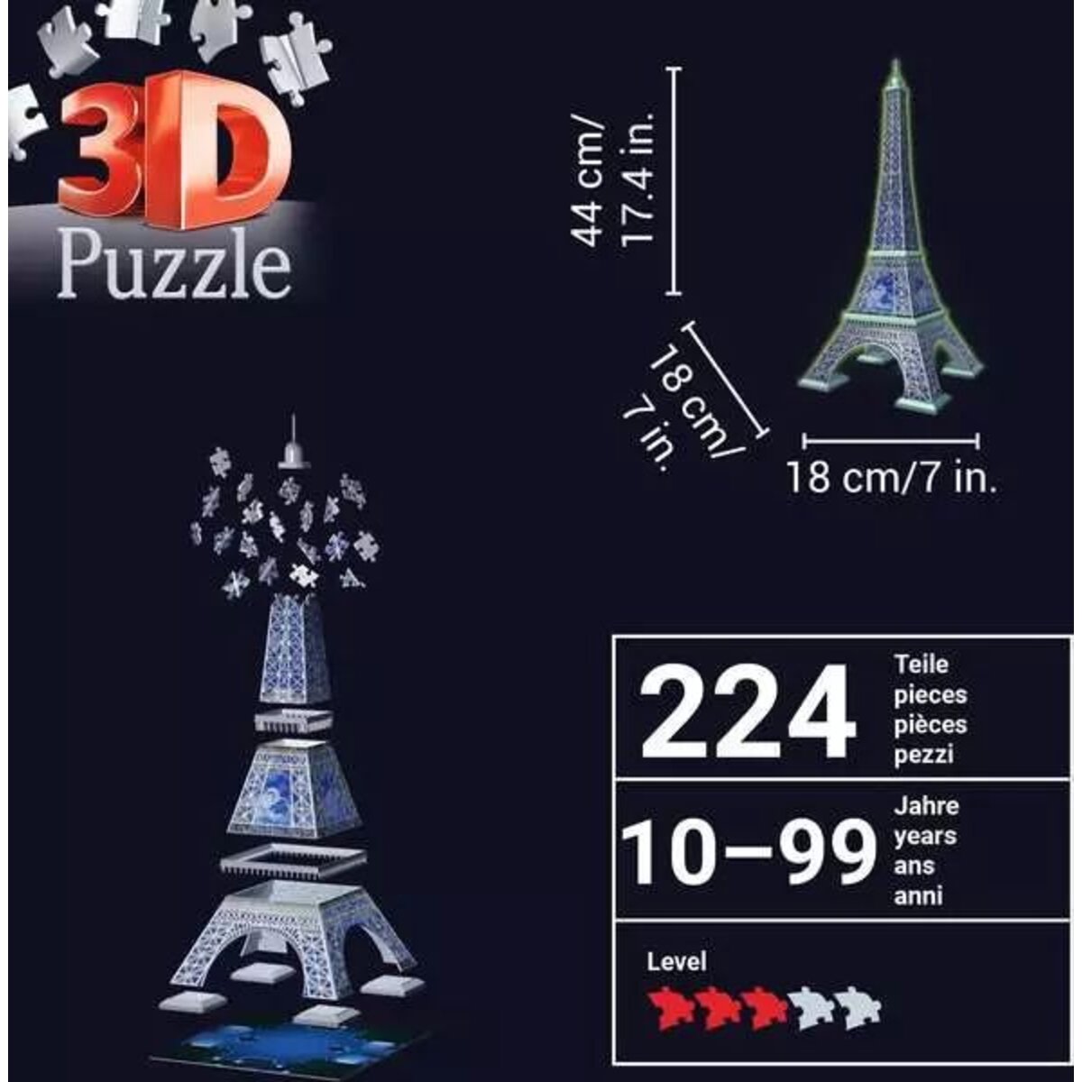 Ravensburger 3D Puzzle - Eiffelturm Glow-in-the-Dark Edition, 224 Teile