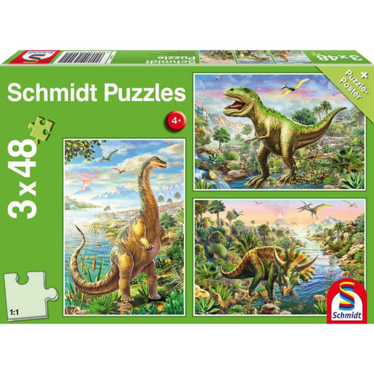 Schmidt Spiele KinderPuzzle - Abenteuer mit den Dinosauriern 3x48 Teile