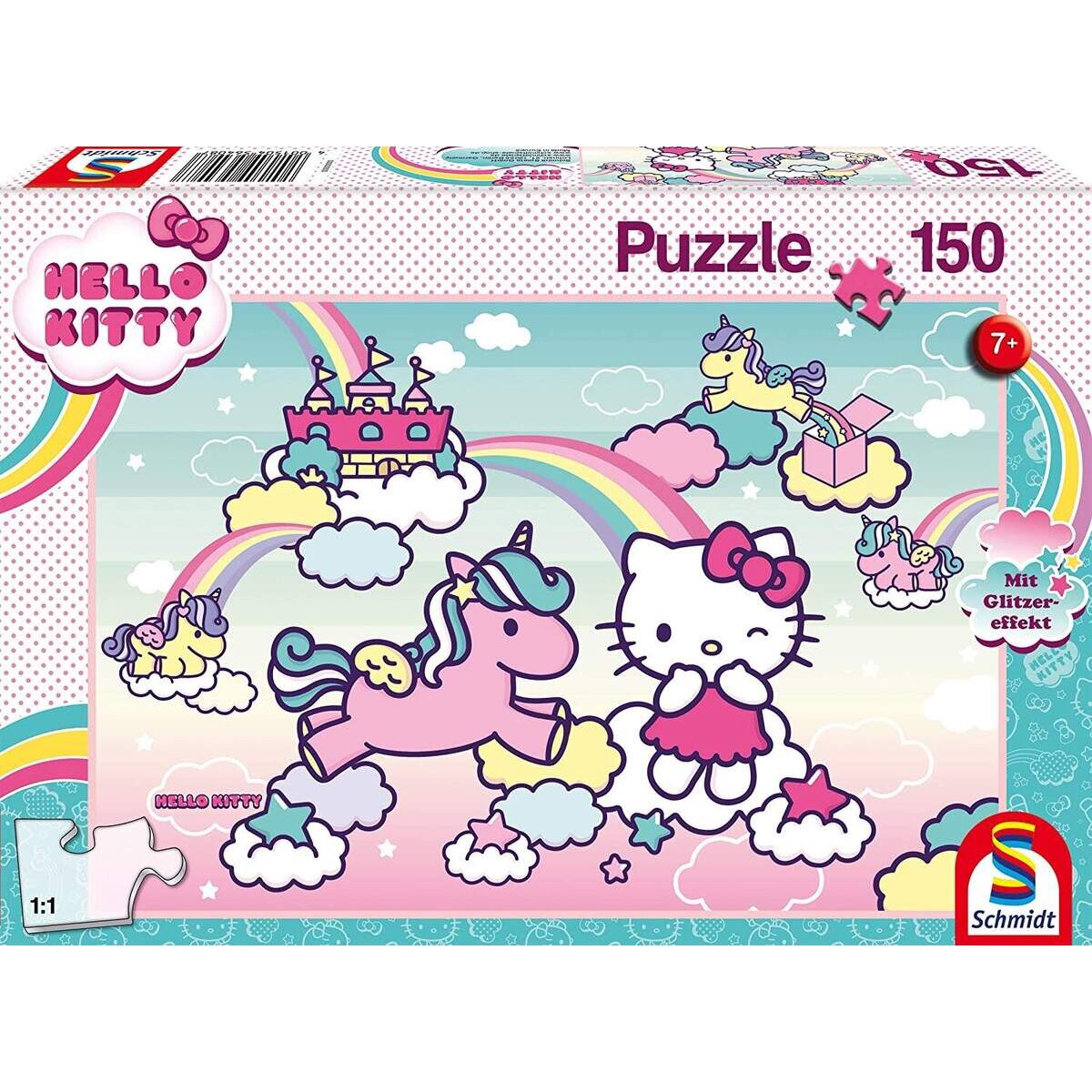 Schmidt Spiele KinderPuzzle - Hello Kitty Glitzerpuzzle, Kittys Einhorn, 150 Teile