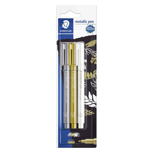 STAEDTLER® 8323 Metallic pen, Blisterkarte mit 3 metallic pen in sortierten Farben (gold, silber, weiß)