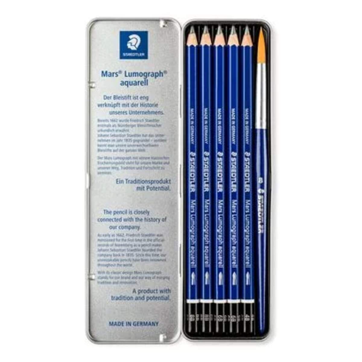 STAEDTLER® Bleistift Lumograph aquarell 100A Metalletui mit 5 Stiften + Pinsel