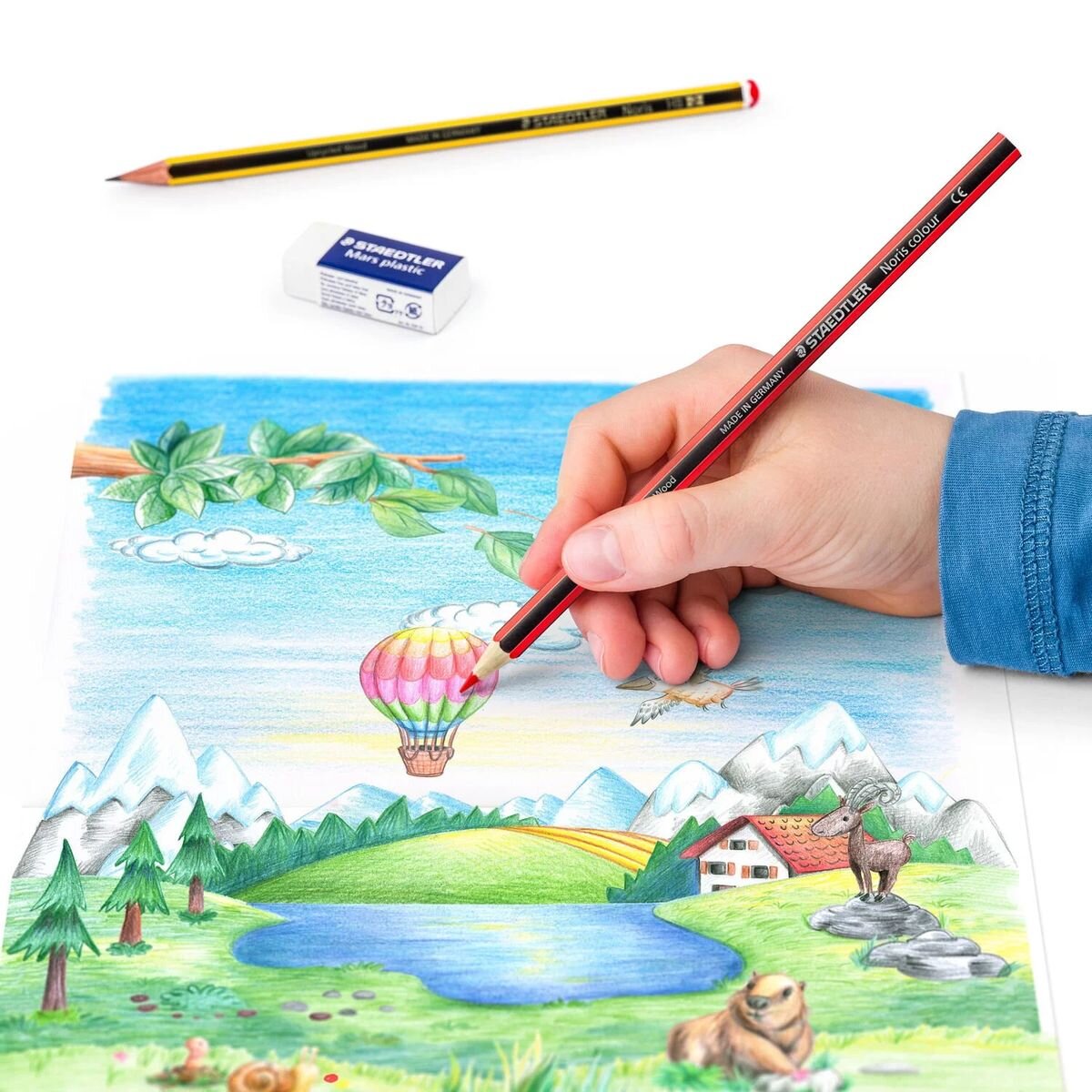 STAEDTLER® Noris® colour 185 Set mit 12 Buntstiften in sortierten Farben, 1 Bleistift und 1 Radierer