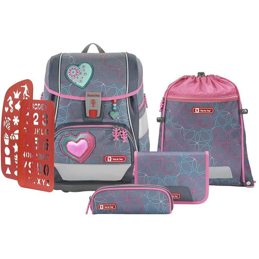 Step by Step Schulranzen-Set 2IN1 Plus, Glitter Heart, 6-teilig, rosa-gra