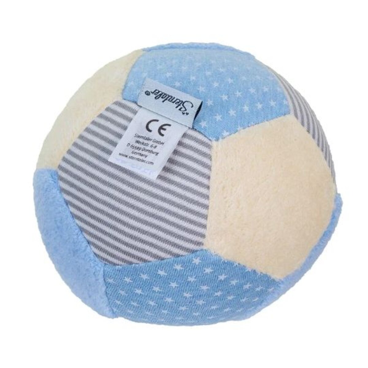 Sterntaler Ball aus Stoff in Bleu/ecru, 11 cm groß mit Rassel