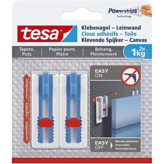 tesa Klebenagel - Leinwand Tapeten & Putz-höhenverstellbar hält bis 1kg/Nagel-spurlos ablösbar, Weiß 2 Stück