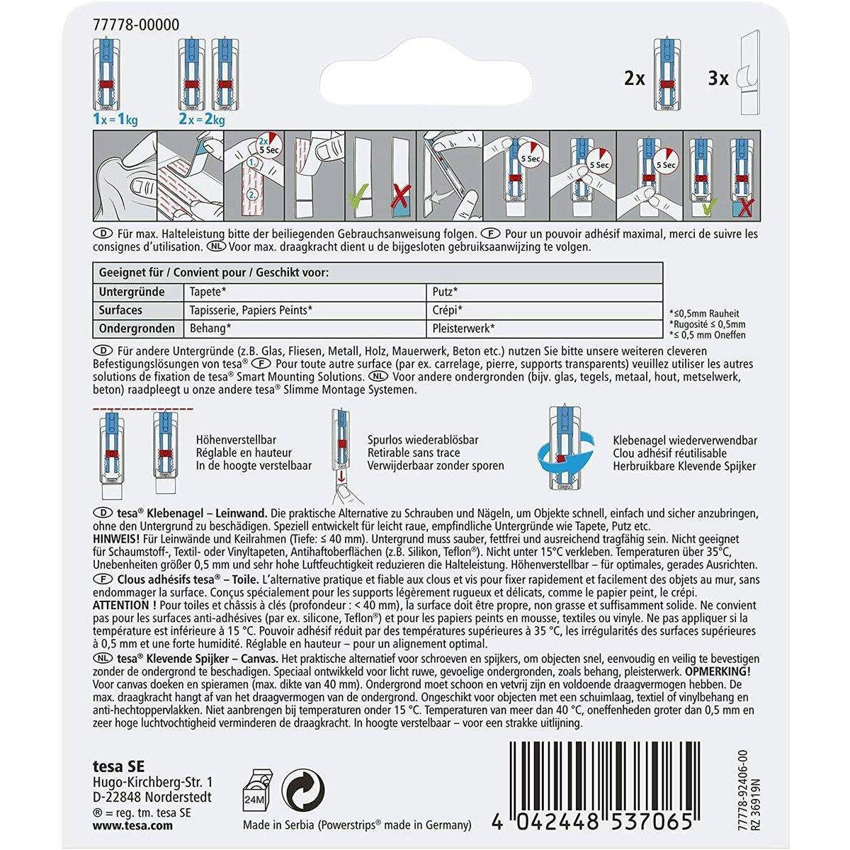 tesa Klebenagel - Leinwand Tapeten & Putz-höhenverstellbar hält bis 1kg/Nagel-spurlos ablösbar, Weiß 2 Stück