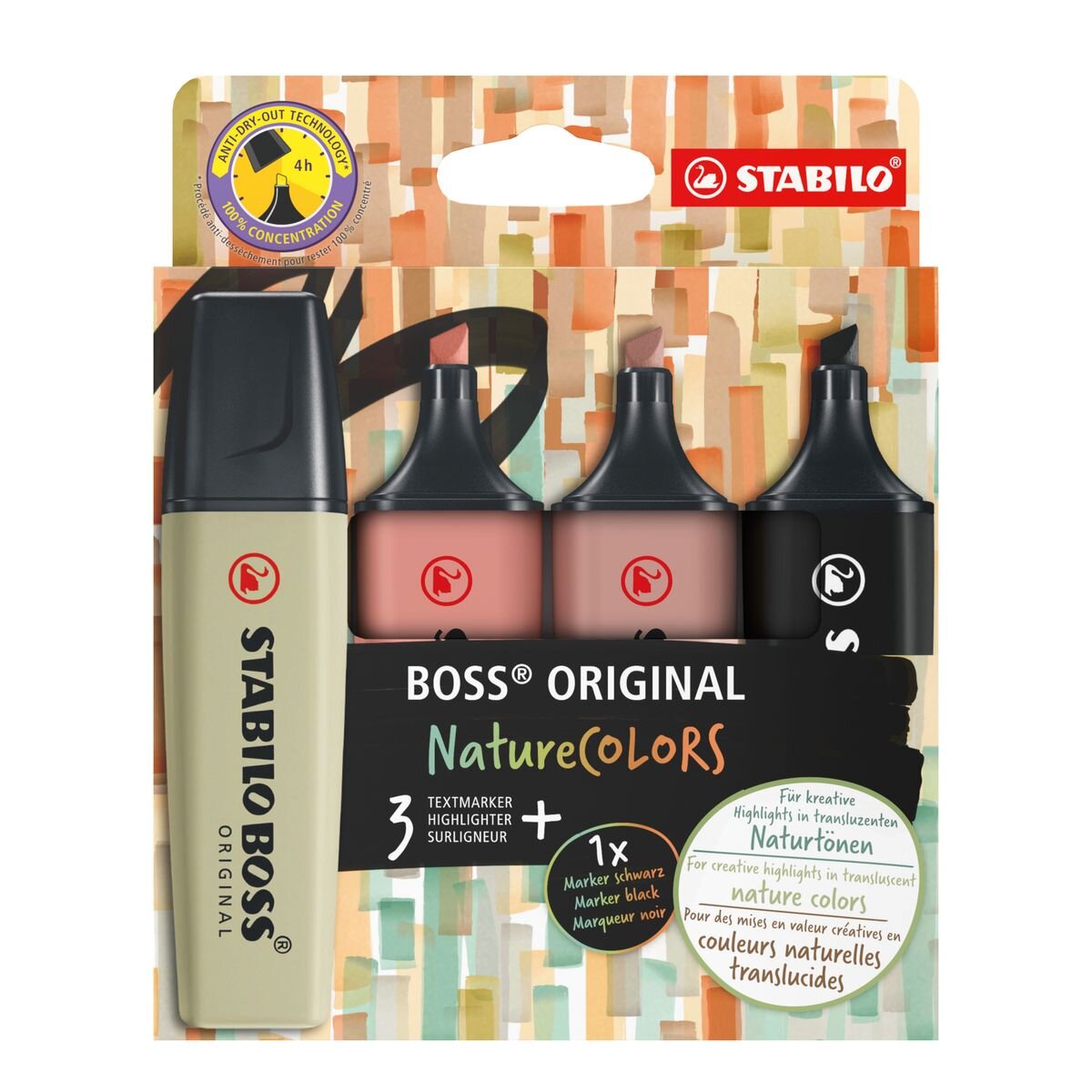 Textmarker - STABILO BOSS ORIGINAL NatureCOLORS - 4er Pack - schlammgrün, siena, umbra, schwarz