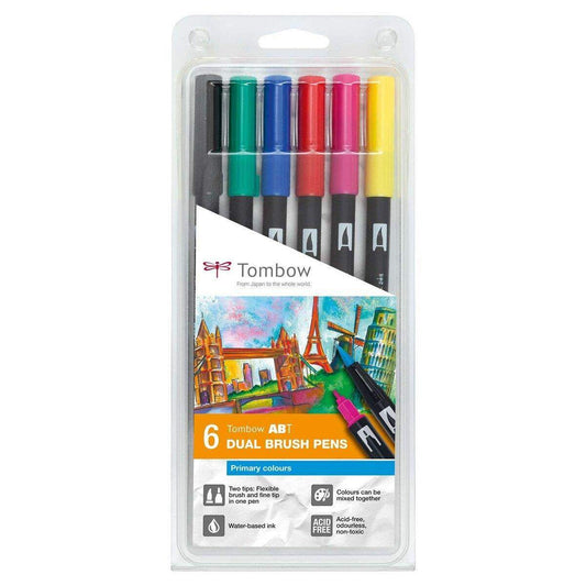 Tombow Fasermaler Dual Brush Pen mit zwei Spitzen 6er Set, primärfarben
