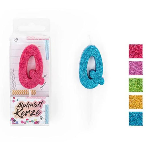 Trendhaus FESTIVAL FEELINGS Alphabet Kerze Glitzer Q, 1 Stück, 5-fach sortiert