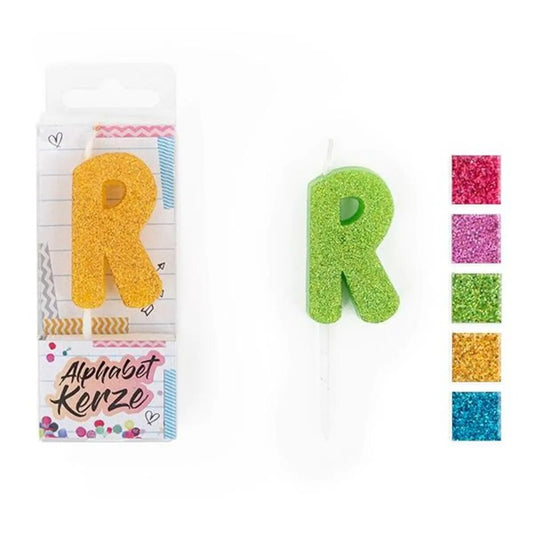 Trendhaus FESTIVAL FEELINGS Alphabet Kerze Glitzer R, 1 Stück, 5-fach sortiert