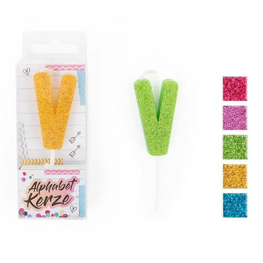 Trendhaus FESTIVAL FEELINGS Alphabet Kerze Glitzer V, 1 Stück, 5-fach sortiert