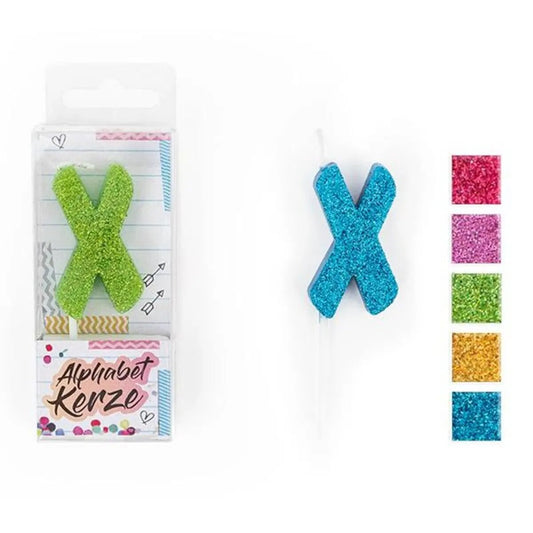 Trendhaus FESTIVAL FEELINGS Alphabet Kerze Glitzer X, 1 Stück, 5-fach sortiert