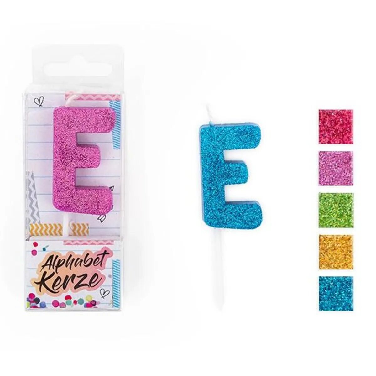 Trendhaus FESTIVAL FEELINGS Alphabet Kerze Glitzer E, 1 Stück, 5-fach sortiert