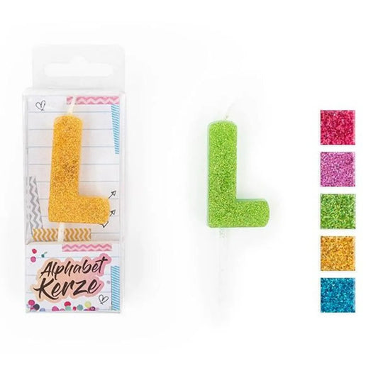 Trendhaus FESTIVAL FEELINGS Alphabet Kerze Glitzer L, 1 Stück, 5-fach sortiert